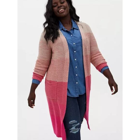 Torrid, Pink Ombre Stripe Slouchy Duster Sweater, Used, Plus Size 0 - Picture 1 of 6